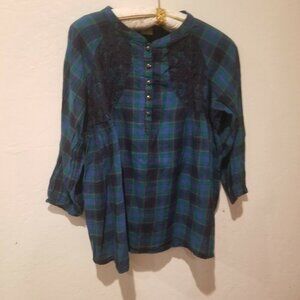 Inked & Faded Women's Half Button Lace Blouse 3/4 Sleeve Plaid Blue Cotton Large